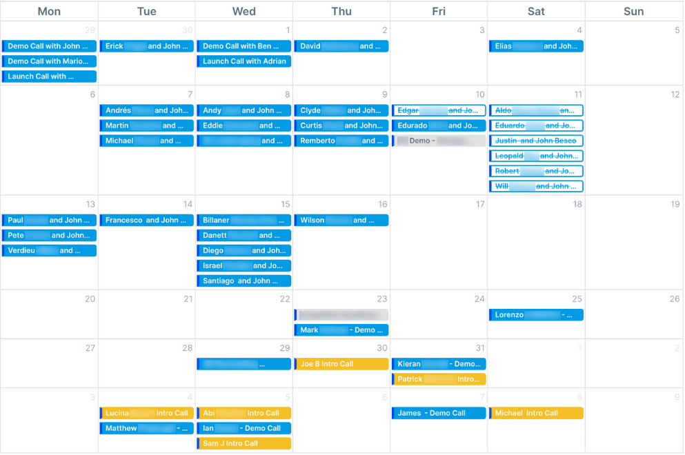 A month view of our own agency's calendar with booked demo and intro calls, prospect surnames and company names blurred