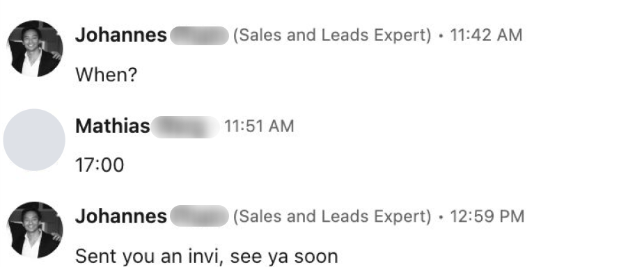 LinkedIn message thread: Mathias replies 17:00, then: Sent you an invi, see ya soon, surname blurred