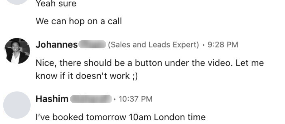 LinkedIn message thread: Hashim replies I've booked tomorrow 10am London time, surname blurred