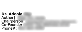Signature: Dr. Adeola, surname, organisations and phone number blurred