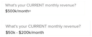 Booking form answers to the question What's your current monthly revenue: $500k/month+ and $50k - $200k/month